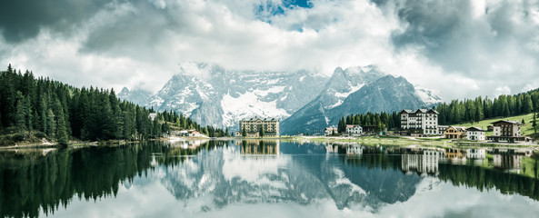 Panoramic image of Misurina Lake and Italian Alps and Tyrol mountains