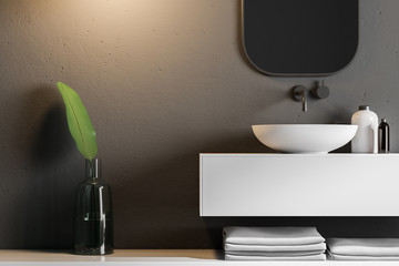 Gray bathroom interior, marble sink close up