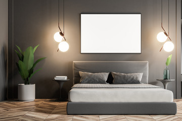 Gray bedroom interior, mock up poster