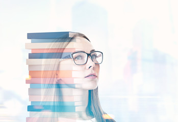 Pensive businesswoman in glasses books cityscape