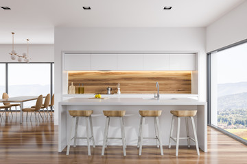 White and wood kitchen interior, bar