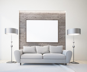 Gray sofa in white and wooden living room, lamps