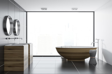 Naklejka na ściany i meble Black tile bathroom interior, wooden tub and sink