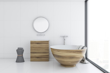 White bathroom interior, wooden tub and sink, side