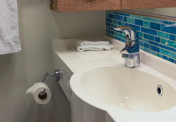 Bathroom with shower cabin, toilet on a cruise ship