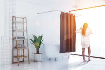 Panoramic white tile bathroom corner toned