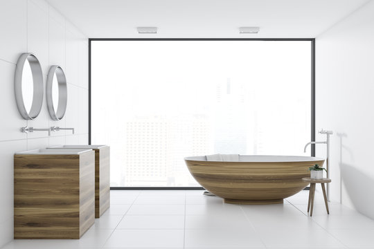 White bathroom interior, wooden tub and sink