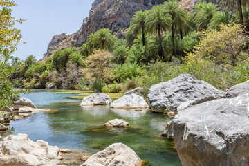 Naklejka na ściany i meble Wanderung durch die Preveli Schlucht auf Kreta Griechenland. Blick auf den Fluss mit Palmen, Wasser und Felsen