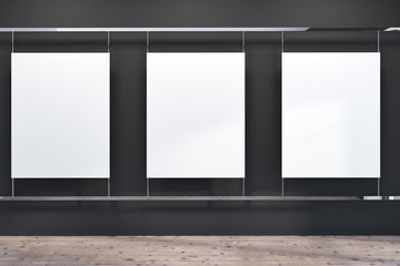 Row of vertical banners in a black wall room
