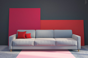 Gray sofa in a gray and red living room