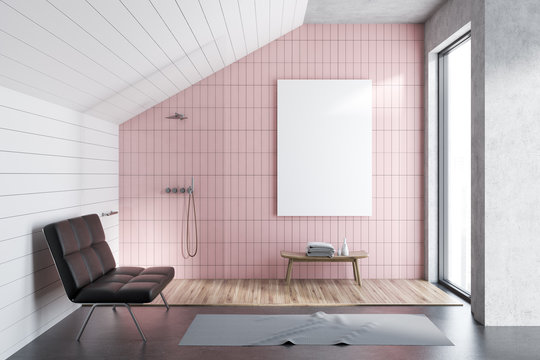 Pink tile attic bathroom interior, poster