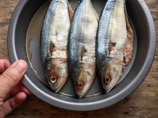 Hand catching a dish have mackerel fish this ready to cooking.