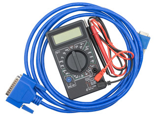 Digital multimeter and blue computer cable