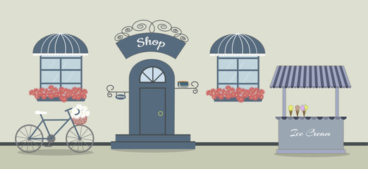 Pretty scenery in a rustic style. A shop, two windows with a striped awnings, door, stairs, red flowers. A bike and basket of daisies. A cute stall `Ice Cream`. Vector illustration