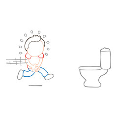 Vector hand-drawn cartoon of man running to pee on toilet bowl
