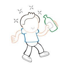 Vector hand-drawn cartoon of drunk man walking holding bottle of beer