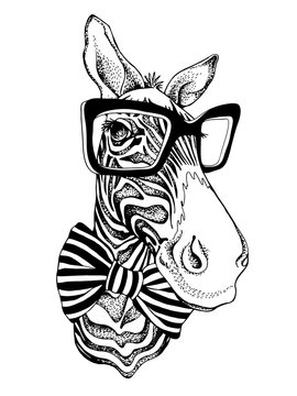 Zebra portrait in a striped tie with a glasses. Vector illustration.