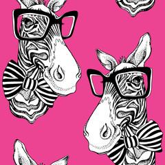 Seamless pattern. Zebra portrait in a striped tie with a glasses on a pink background. Vector illustration.