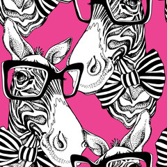 Seamless pattern. Zebra portrait in a striped tie with a glasses on a pink background. Vector illustration.