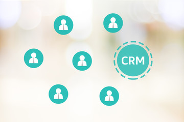 CRM, Customer Relationship Management, icon on blur office background, web banner, success in business concept