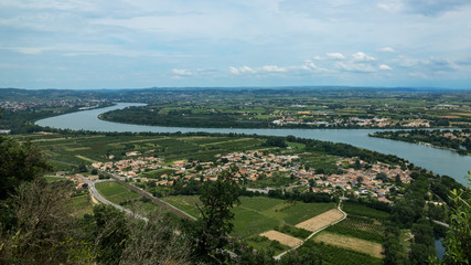 Rhône river top view with small French villages underneath.