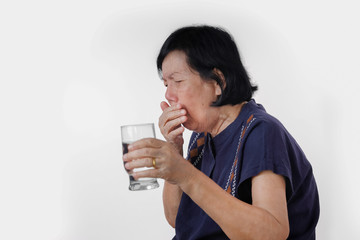 elderly woman Choking  water drink ,isolated on white background