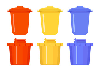 Bucket set. Plastic pail. Flat vector icon. Garbage, waste or water. Mockup. Red, yellow and blue color illustrations