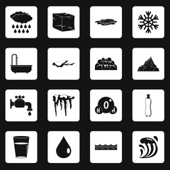 Water icons set in white squares on black background simple style vector illustration