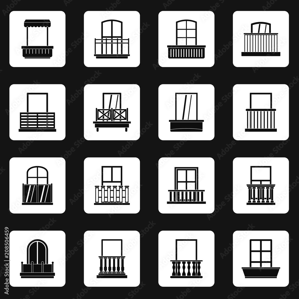 Poster window forms icons set in white squares on black background simple style vector illustration