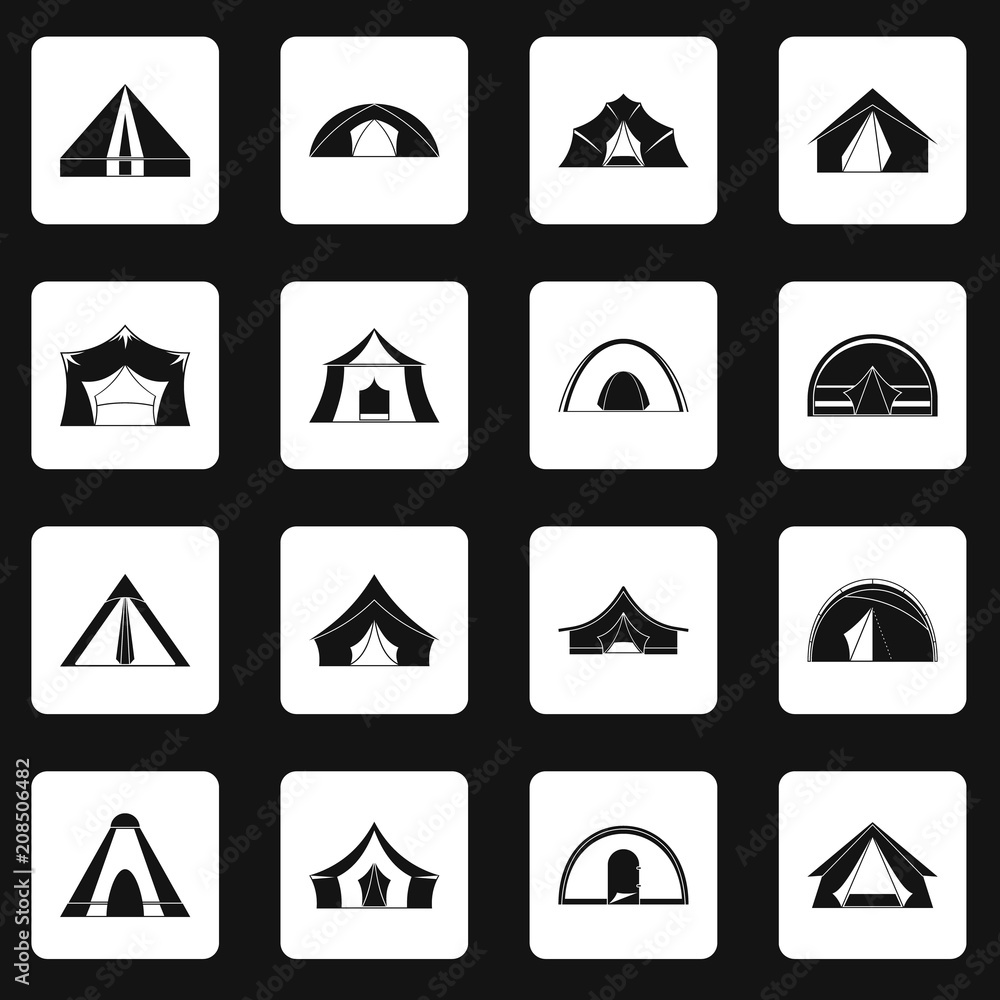 Aufkleber tent forms icons set in white squares on black background simple style vector illustration