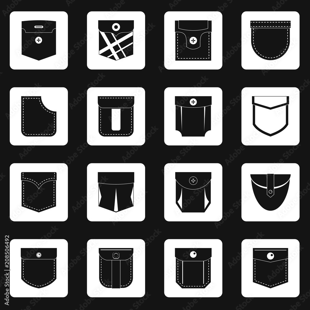 Poster pocket types icons set in white squares on black background simple style vector illustration
