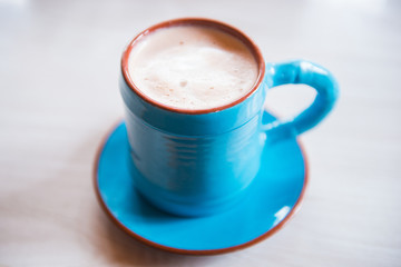 Hot chocolate in blue cup