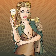 Oktoberfest pin-up woman with beer. Oktoberfest logo, banner, hand drawn vector illustration background