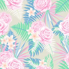 Plexiglas foto achterwand Vector seamless tropical pattern with palm leaves and flowers on light background. Colourful floral illustration for textile, print, wallpapers, wrapping. © Irina
