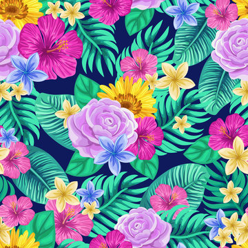 Vector seamless tropical pattern with palm leaves and flowers on dark blue background. Colourful floral illustration for textile, print, wallpapers, wrapping.