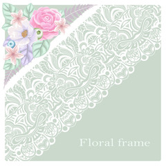 Vector Greeting card with bouquet flowers and lace. Design for wedding, birthday and other holidays. Floral frame.