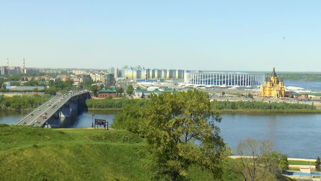 NIZHNY NOVGOROD, RUSSIA - MAY 22, 2018: View of the new football stadium of Nizhny Novgorod at the intersection of the two rivers Oka and Volga