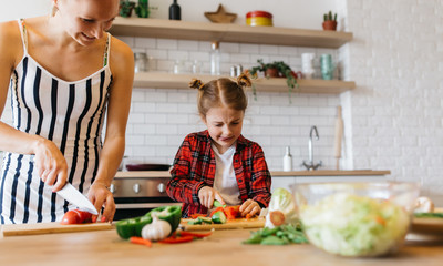 Photo of beautiful woman with her daughter cutting vegetables in kitchen