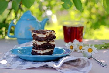 Sweet dessert, chocolate brownie with a layer of cream cheese