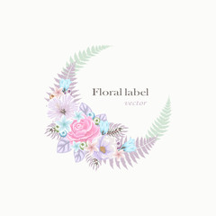 Semicircle garland frame with pink and blue flowers. Vector Floral label on white background. 
