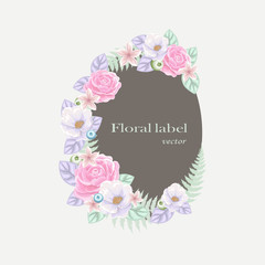 Semicircle garland frame with pink and blue flowers. Vector Floral label.