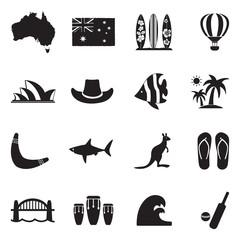 Australian Culture Icons. Black Flat Design. Vector Illustration.