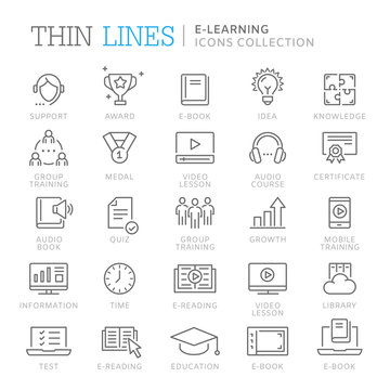 Collection of e-learning thin line icons