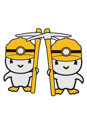 team 2 freunde paar kollegen vogel küken huhn süß niedlich helm lich taschenlampe sicherheit schutz logo pickaxe spitzhacke abbauen bergbau hammer axt werkzeug bergarbeiter
