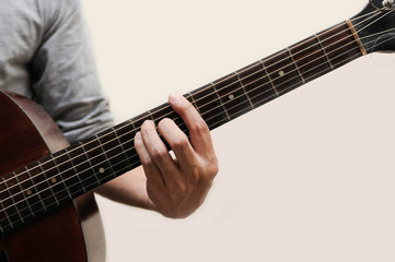 Guitar chords,Selective focus,Guitarist,The musicians are catching the guitar chords is B chord full bar on white background