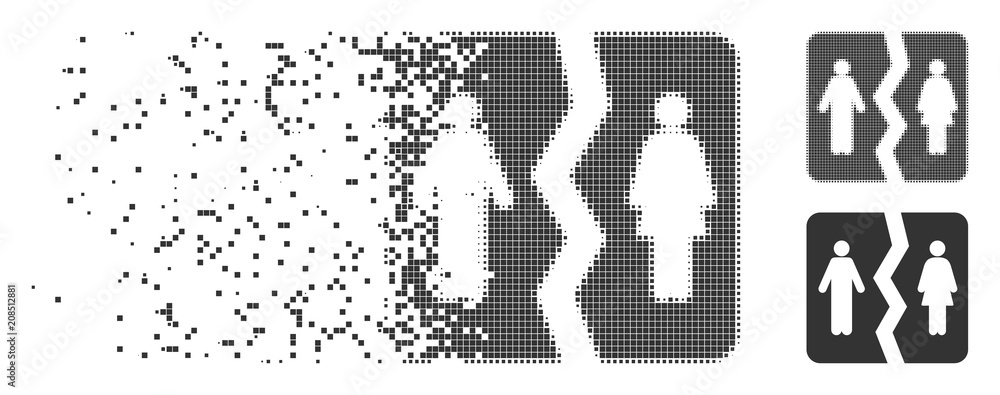 Poster dispersed divorce dotted icon with disintegration effect. halftone dotted and intact solid gray vari