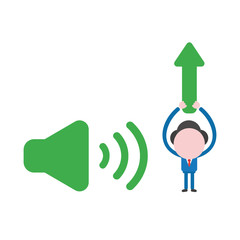 Vector businessman character with sound on icon and holding up arrow moving up