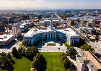 Zelfklevend Fotobehang Colorado State Capitol and Denver cityscape aerial view © creativefamily