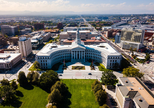 Colorado State Capitol and Denver cityscape aerial view