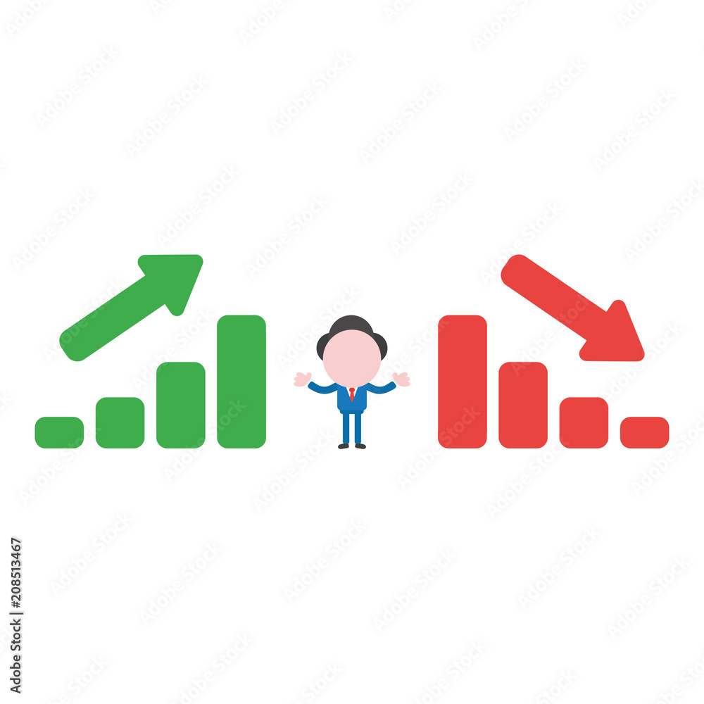 Poster vector businessman character between sales bar charts moving up and down